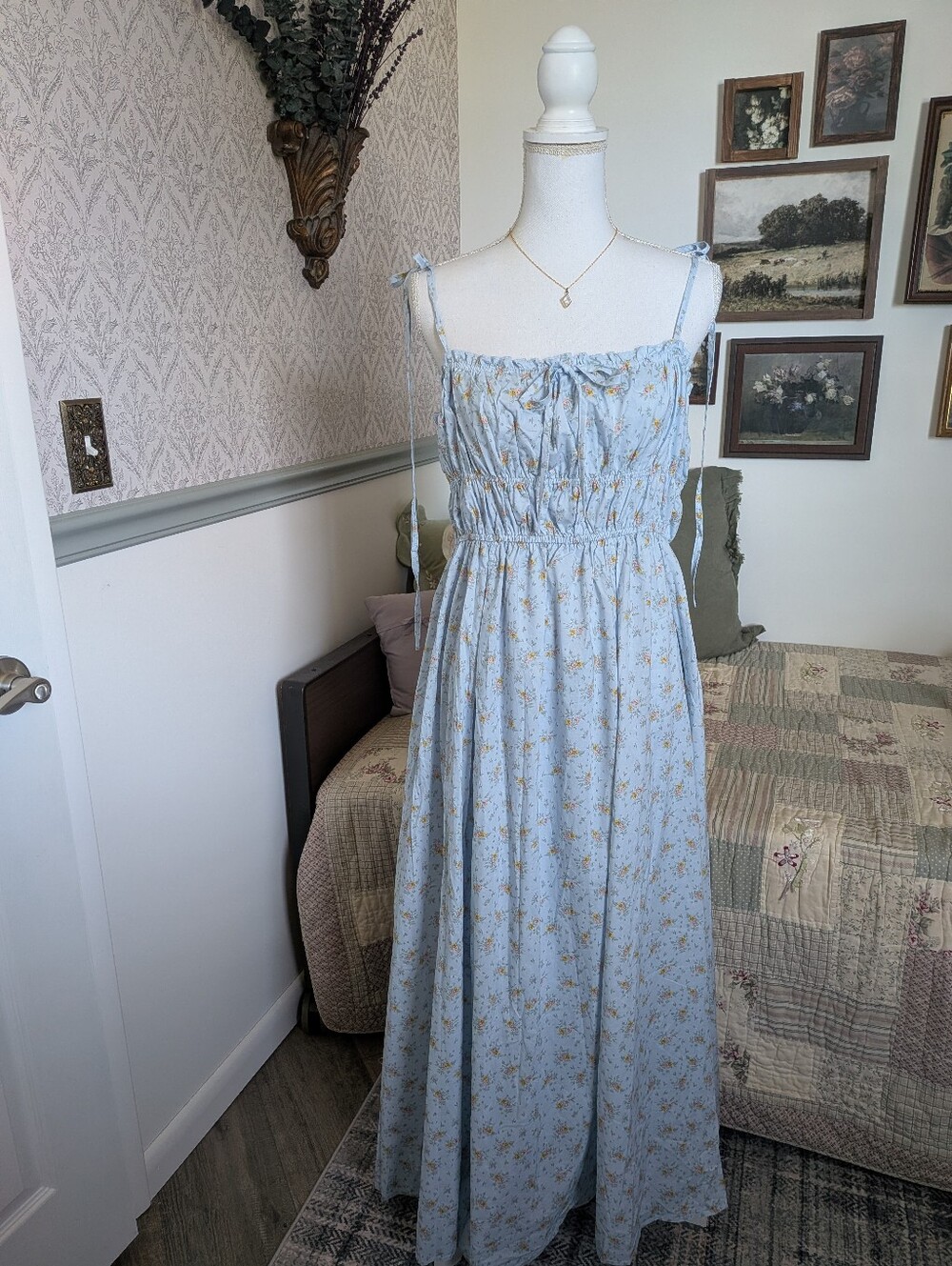 In Loom Floral Maxi Dress L Blue Cottagecore Tie Strap NWT
